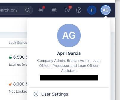 Arive top-right account menu showing the User Settings link