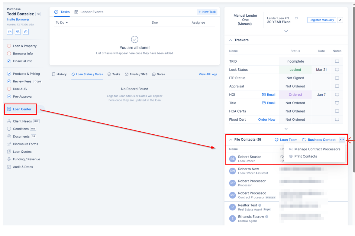 Arive Loan Center tab with File Contacts and the Manage Contract Processors menu highlighted